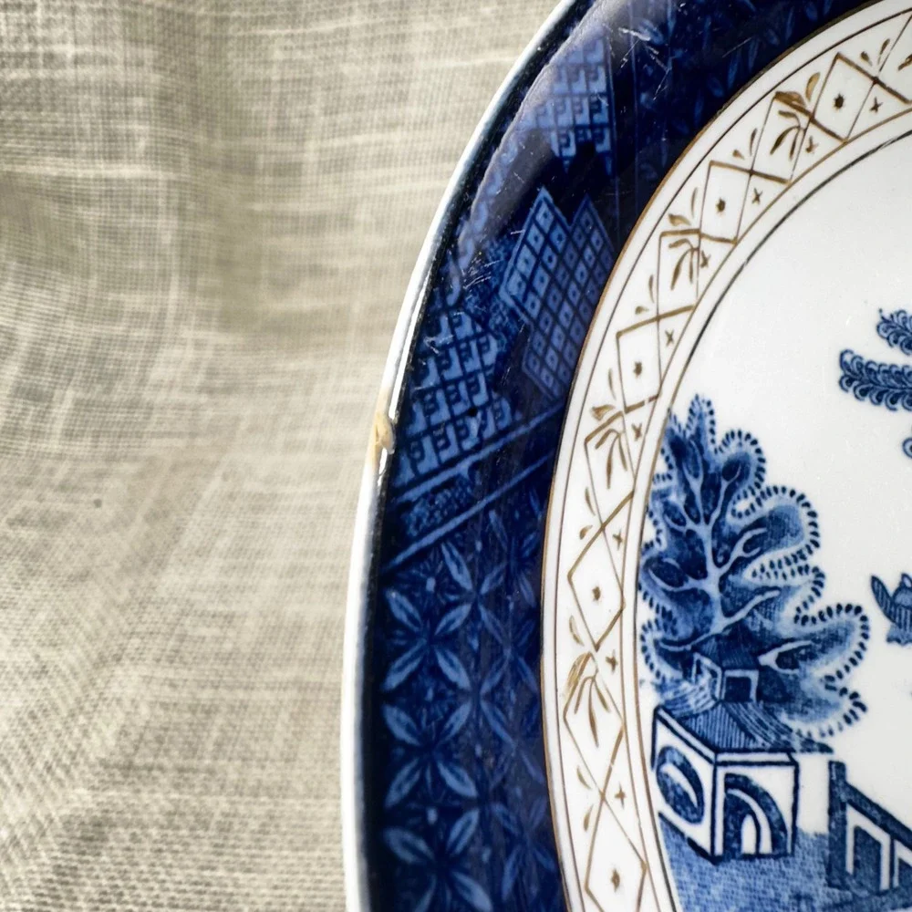Vintage Occupied Japan Ironstone Blue Willow Rim Soup Bowl Pair 7.5in Blue White